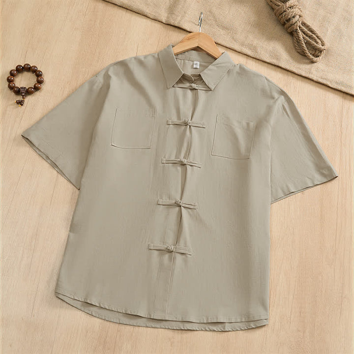 Buddha Stones Camisas de manga corta para hombre, estilo Tang, informales de verano, con botones de rana y bolsillos de parche. - Beige - US/UK/AU46, EU56 (5XL) - image 24