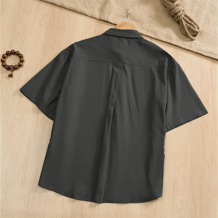 Buddha Stones Camisas de manga corta para hombre, estilo Tang, informales de verano, con botones de rana y bolsillos de parche. - image 1