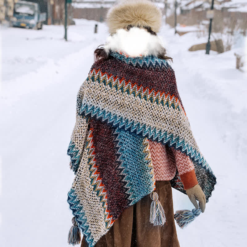Chal tibetano con Buddha Stones , estampado ondulado azul, beige y rojo, bufanda cálida de invierno con borlas. - Azul Beige Rojo - image 0