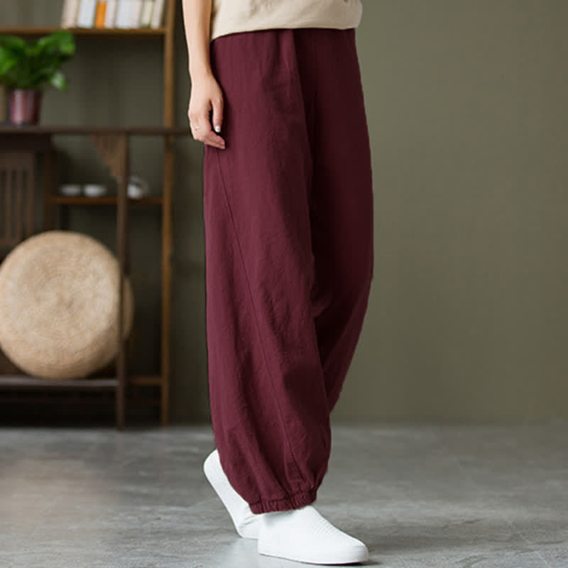 Pantalones de mujer de lino, ramio y algodón lisos con estampado de Buddha Stones y bolsillos. - Rojo violeta pálido - US6, UK/AU10, EU38 (L) - image 56