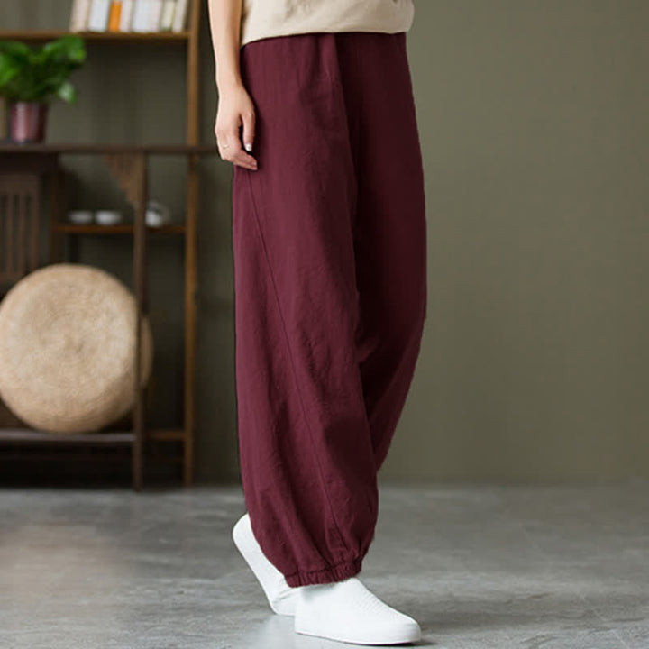Pantalones de mujer de lino, ramio y algodón lisos con estampado de Buddha Stones y bolsillos. - Rojo violeta pálido - US6, UK/AU10, EU38 (L) - image 56