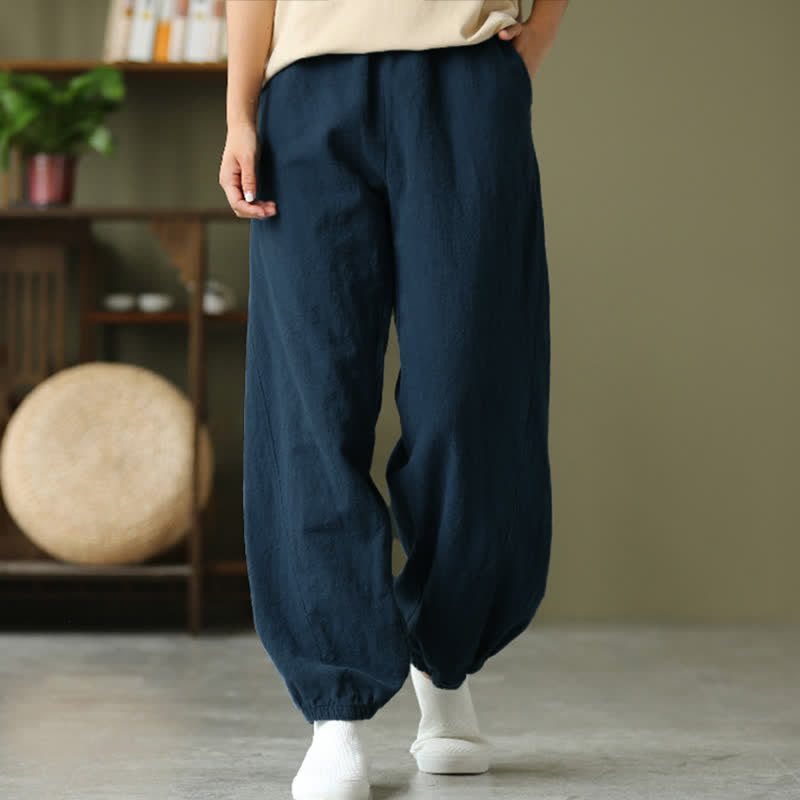 Pantalones de mujer de lino, ramio y algodón lisos con estampado de Buddha Stones y bolsillos. - image 52