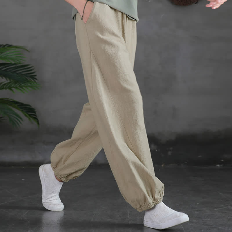 Pantalones de mujer de lino, ramio y algodón lisos con estampado de Buddha Stones y bolsillos. - image 17