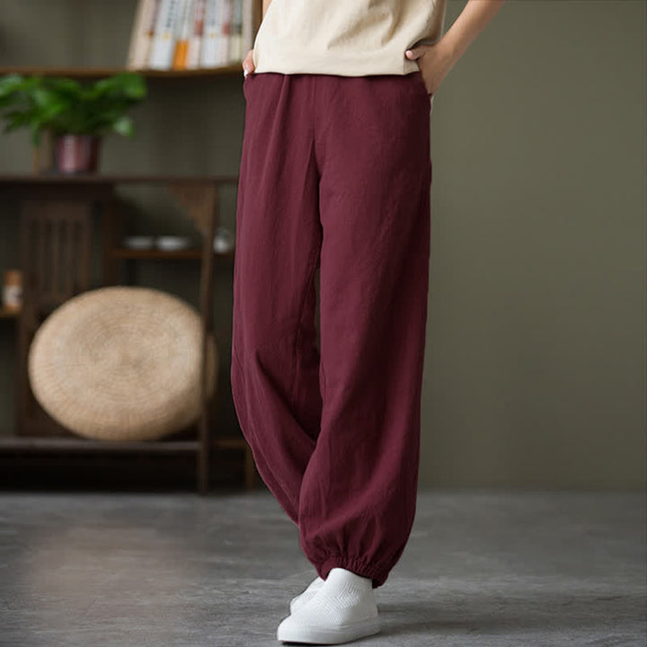 Pantalones de mujer de lino, ramio y algodón lisos con estampado de Buddha Stones y bolsillos. - image 57