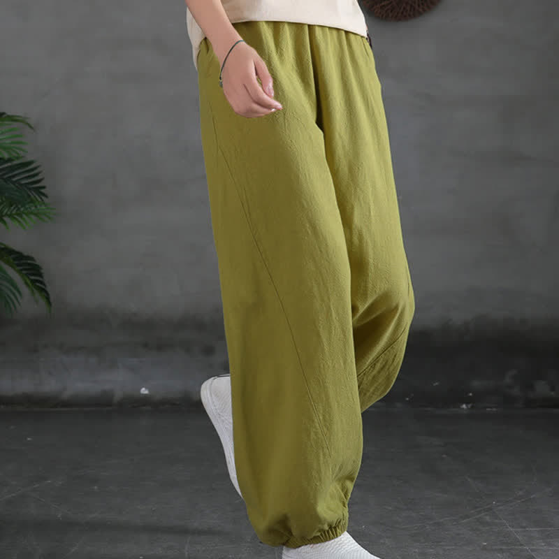 Pantalones de mujer de lino, ramio y algodón lisos con estampado de Buddha Stones y bolsillos. - image 24