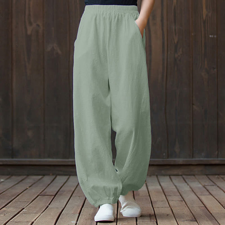 Pantalones de mujer de lino, ramio y algodón lisos con estampado de Buddha Stones y bolsillos. - Crema de menta - US6, UK/AU10, EU38 (L) - image 67