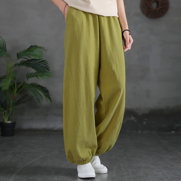 Pantalones de mujer de lino, ramio y algodón lisos con estampado de Buddha Stones y bolsillos. - Verde amarillento - US6, UK/AU10, EU38 (L) - image 19