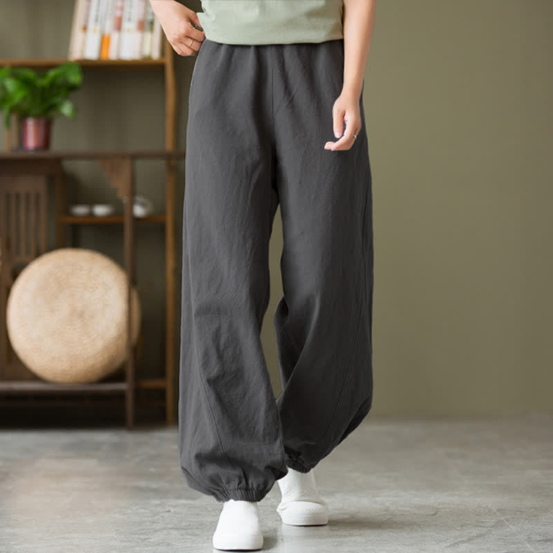 Pantalones de mujer de lino, ramio y algodón lisos con estampado de Buddha Stones y bolsillos. - image 2