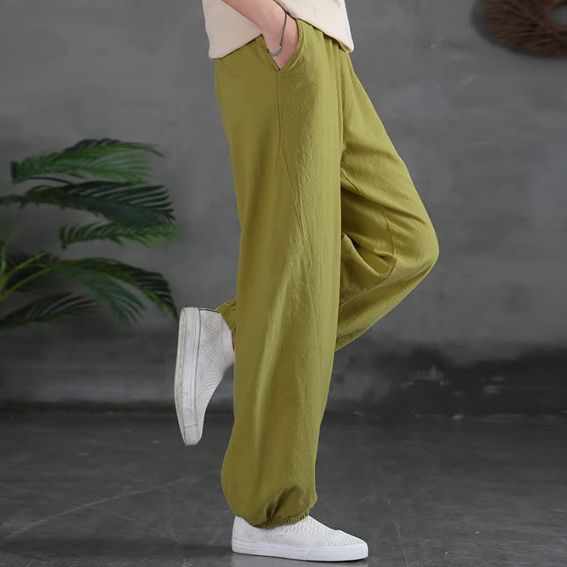 Pantalones de mujer de lino, ramio y algodón lisos con estampado de Buddha Stones y bolsillos. - image 20