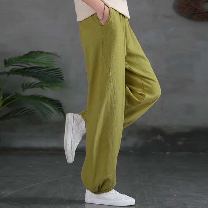 Pantalones de mujer de lino, ramio y algodón lisos con estampado de Buddha Stones y bolsillos. - image 20