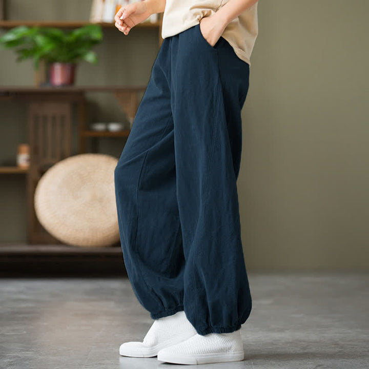 Pantalones de mujer de lino, ramio y algodón lisos con estampado de Buddha Stones y bolsillos. - image 51