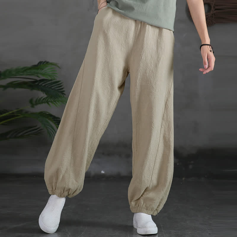 Pantalones de mujer de lino, ramio y algodón lisos con estampado de Buddha Stones y bolsillos. - image 14