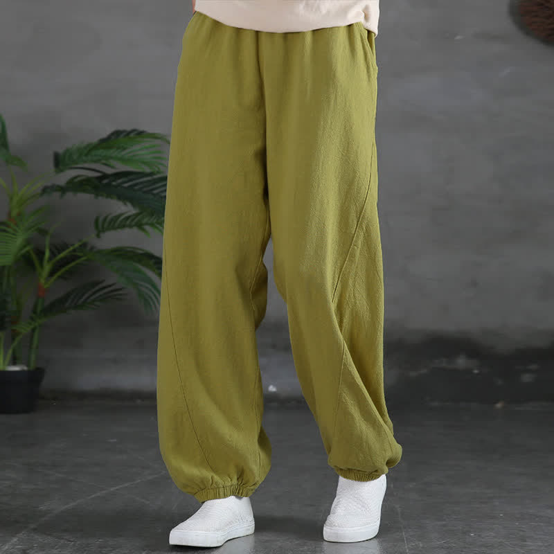 Pantalones de mujer de lino, ramio y algodón lisos con estampado de Buddha Stones y bolsillos. - image 25