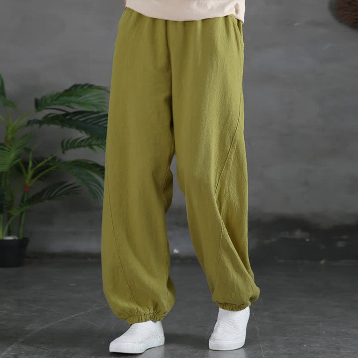 Pantalones de mujer de lino, ramio y algodón lisos con estampado de Buddha Stones y bolsillos. - image 25