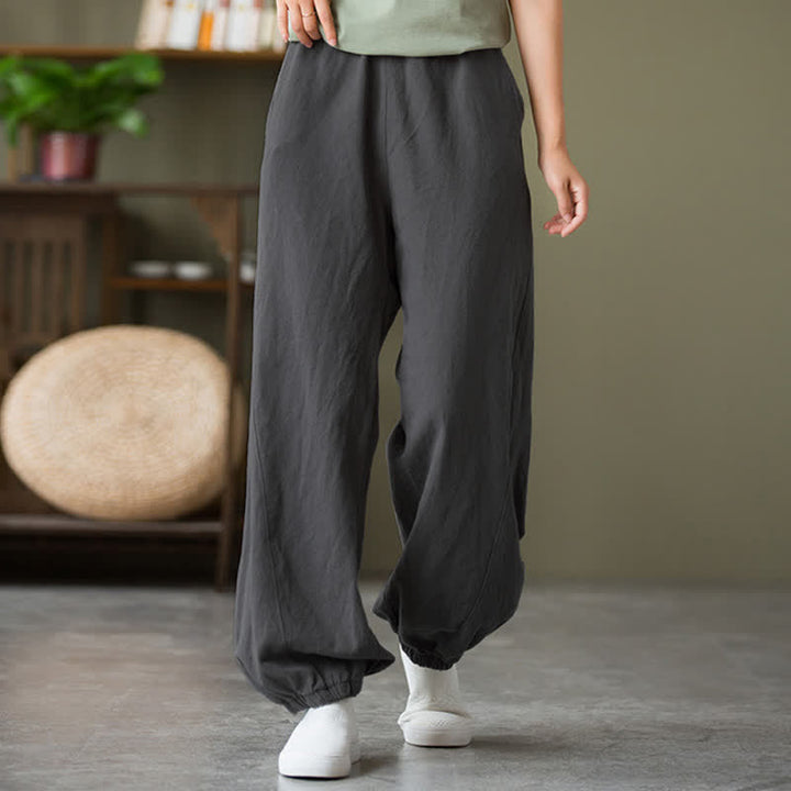 Pantalones de mujer de lino, ramio y algodón lisos con estampado de Buddha Stones y bolsillos. - Gris oscuro - US6, UK/AU10, EU38 (L) - image 0