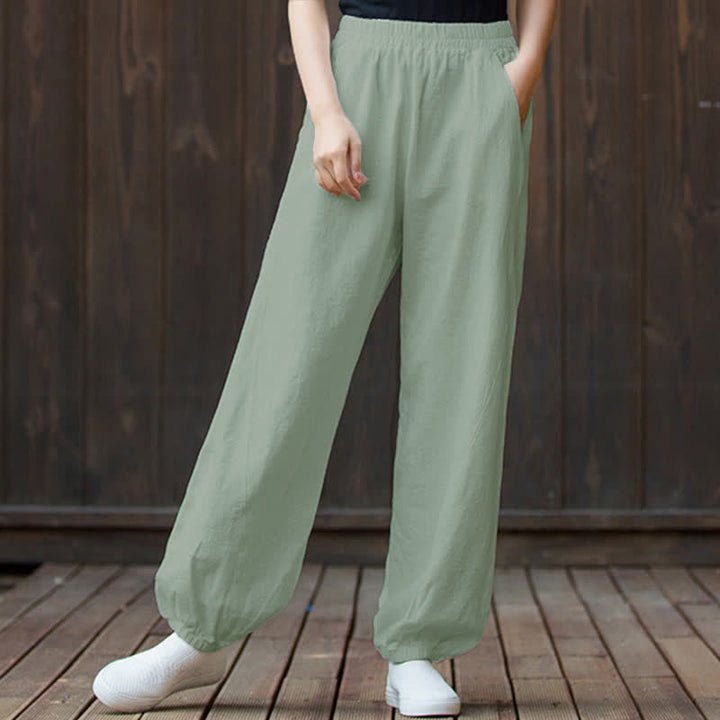 Pantalones de mujer de lino, ramio y algodón lisos con estampado de Buddha Stones y bolsillos. - image 70