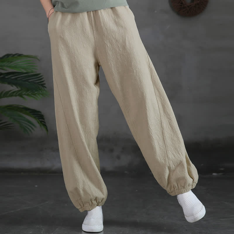 Pantalones de mujer de lino, ramio y algodón lisos con estampado de Buddha Stones y bolsillos. - image 16