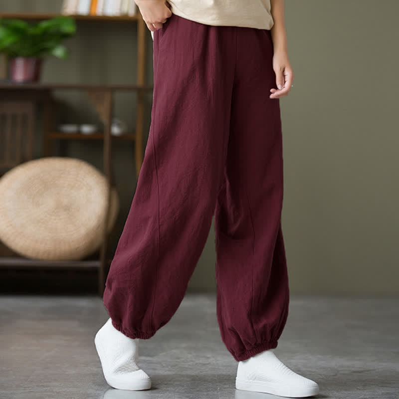 Pantalones de mujer de lino, ramio y algodón lisos con estampado de Buddha Stones y bolsillos. - image 58