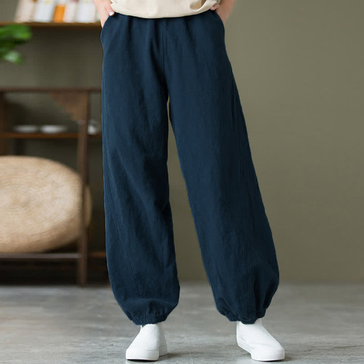 Pantalones de mujer de lino, ramio y algodón lisos con estampado de Buddha Stones y bolsillos. - image 53