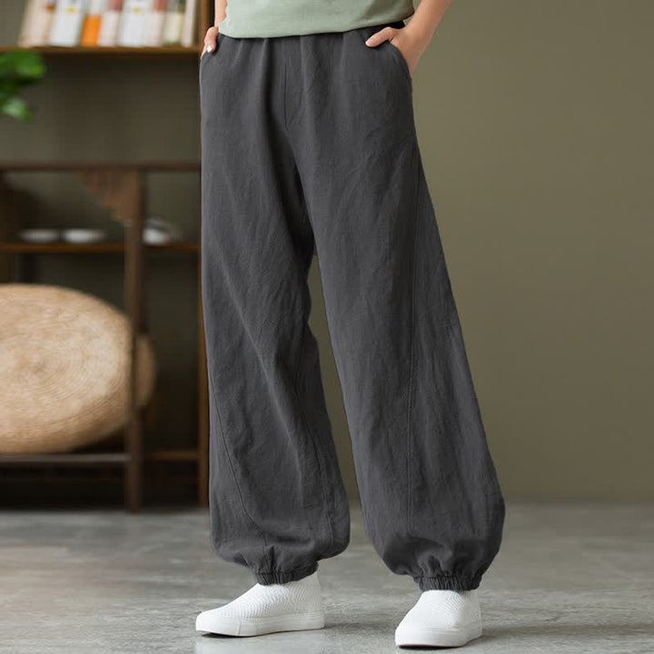 Pantalones de mujer de lino, ramio y algodón lisos con estampado de Buddha Stones y bolsillos. - image 8