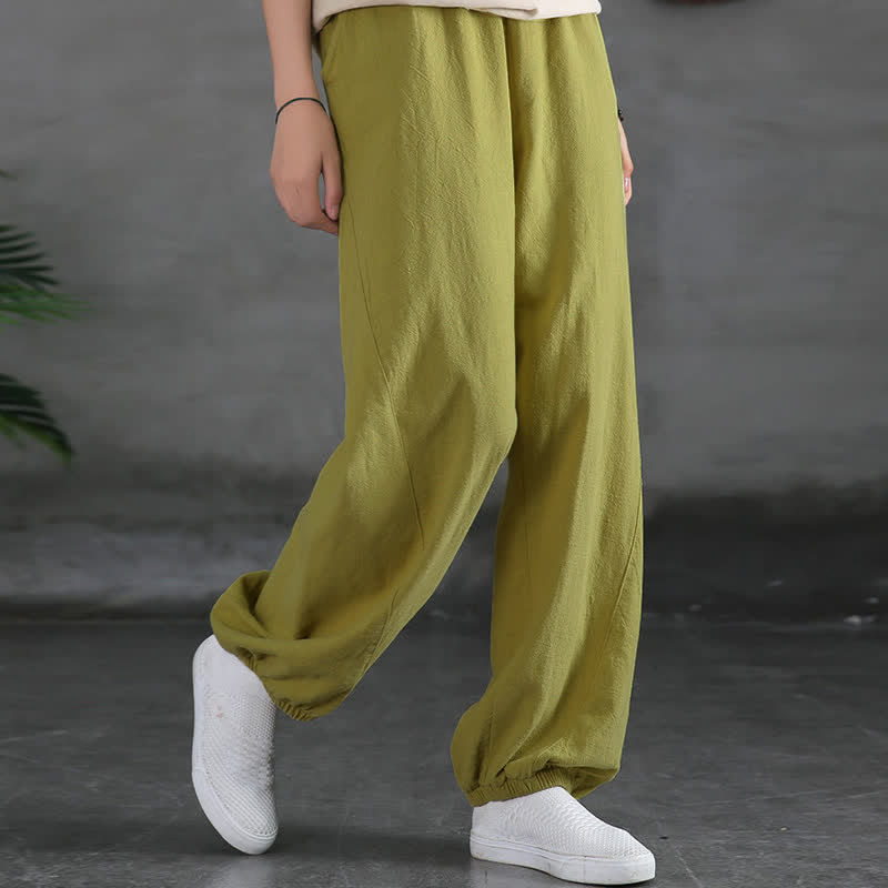 Pantalones de mujer de lino, ramio y algodón lisos con estampado de Buddha Stones y bolsillos. - image 26