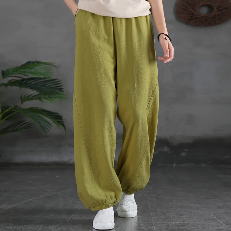 Pantalones de mujer de lino, ramio y algodón lisos con estampado de Buddha Stones y bolsillos. - image 21