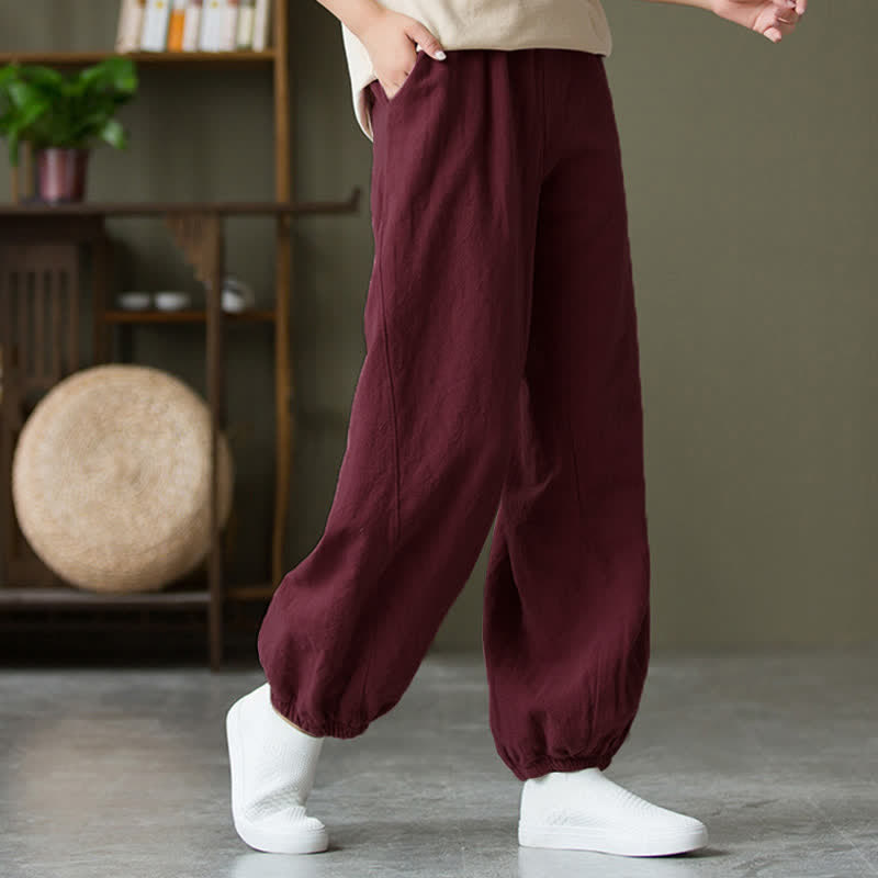 Pantalones de mujer de lino, ramio y algodón lisos con estampado de Buddha Stones y bolsillos. - image 61