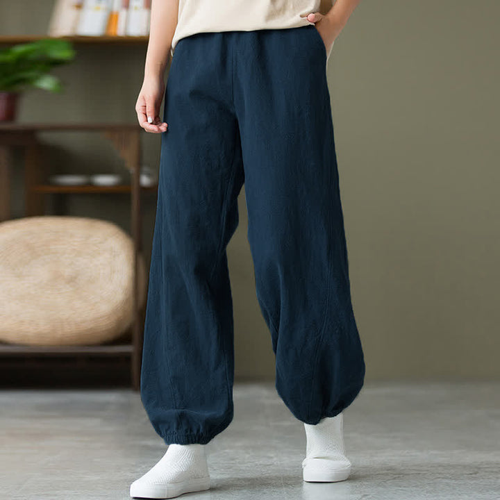 Pantalones de mujer de lino, ramio y algodón lisos con estampado de Buddha Stones y bolsillos. - image 49