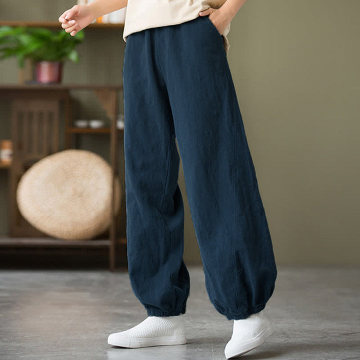 Pantalones de mujer de lino, ramio y algodón lisos con estampado de Buddha Stones y bolsillos. - image 50