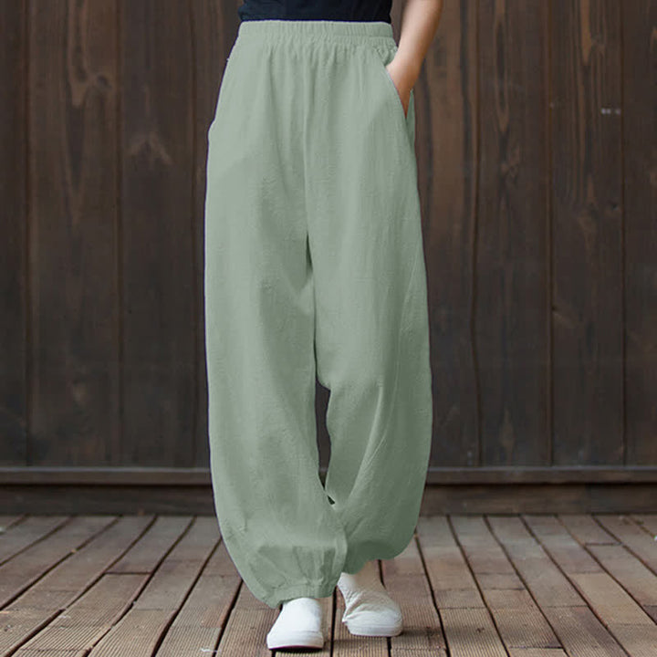 Pantalones de mujer de lino, ramio y algodón lisos con estampado de Buddha Stones y bolsillos. - image 68