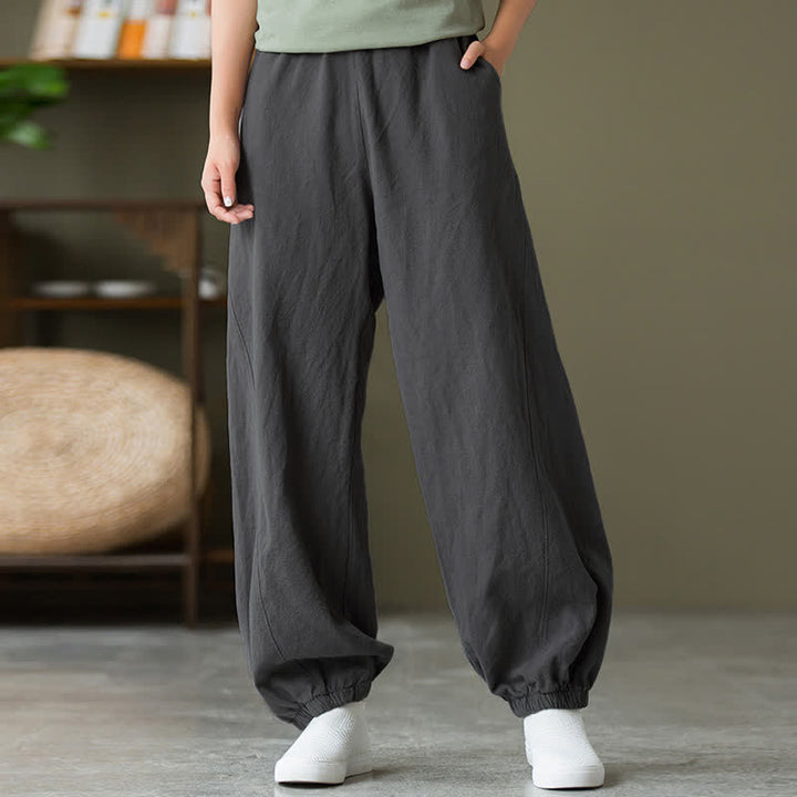 Pantalones de mujer de lino, ramio y algodón lisos con estampado de Buddha Stones y bolsillos. - image 6