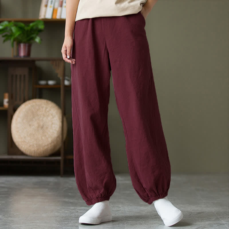 Pantalones de mujer de lino, ramio y algodón lisos con estampado de Buddha Stones y bolsillos. - image 60