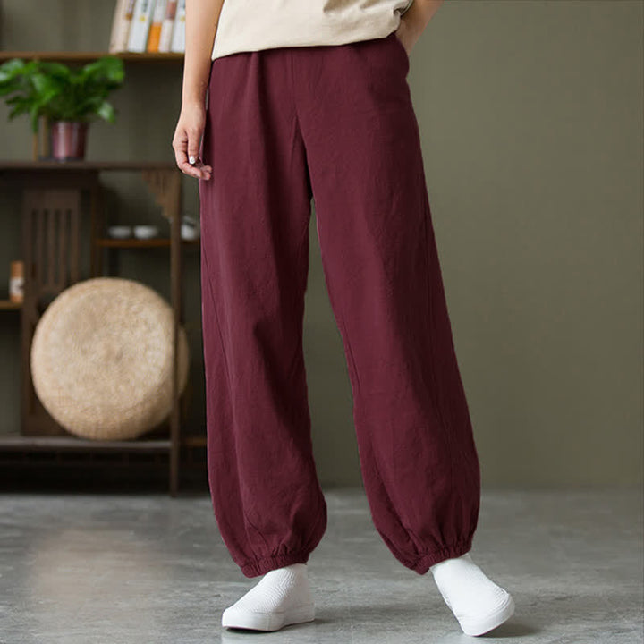 Pantalones de mujer de lino, ramio y algodón lisos con estampado de Buddha Stones y bolsillos. - image 60