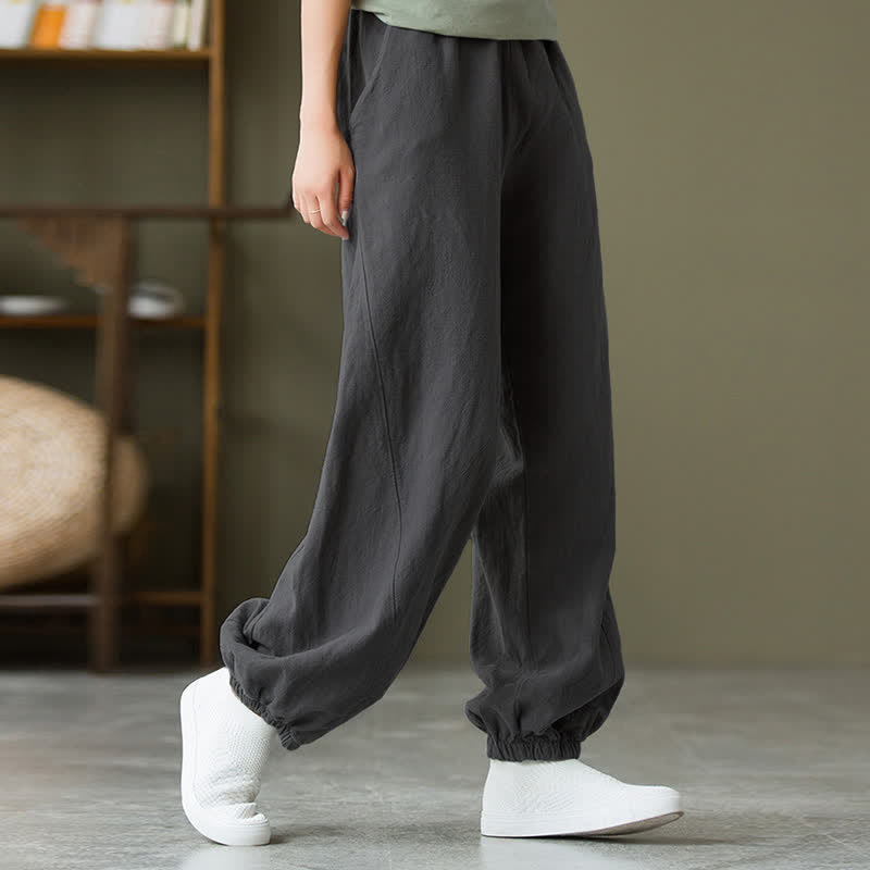 Pantalones de mujer de lino, ramio y algodón lisos con estampado de Buddha Stones y bolsillos. - image 7