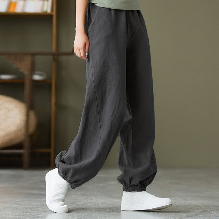 Pantalones de mujer de lino, ramio y algodón lisos con estampado de Buddha Stones y bolsillos. - image 7