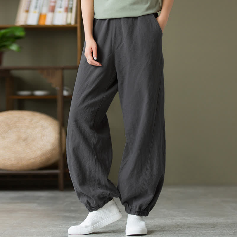 Pantalones de mujer de lino, ramio y algodón lisos con estampado de Buddha Stones y bolsillos. - image 4