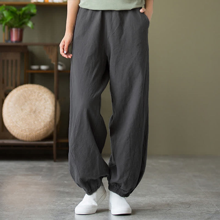 Pantalones de mujer de lino, ramio y algodón lisos con estampado de Buddha Stones y bolsillos. - image 3