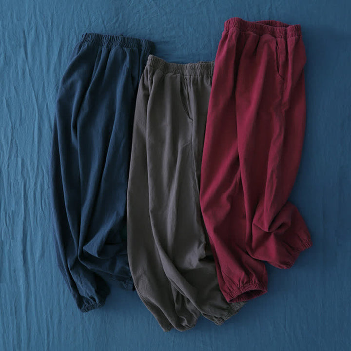 Pantalones de mujer de lino, ramio y algodón lisos con estampado de Buddha Stones y bolsillos. - image 64