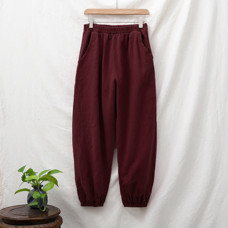 Pantalones de mujer de lino, ramio y algodón lisos con estampado de Buddha Stones y bolsillos. - image 63