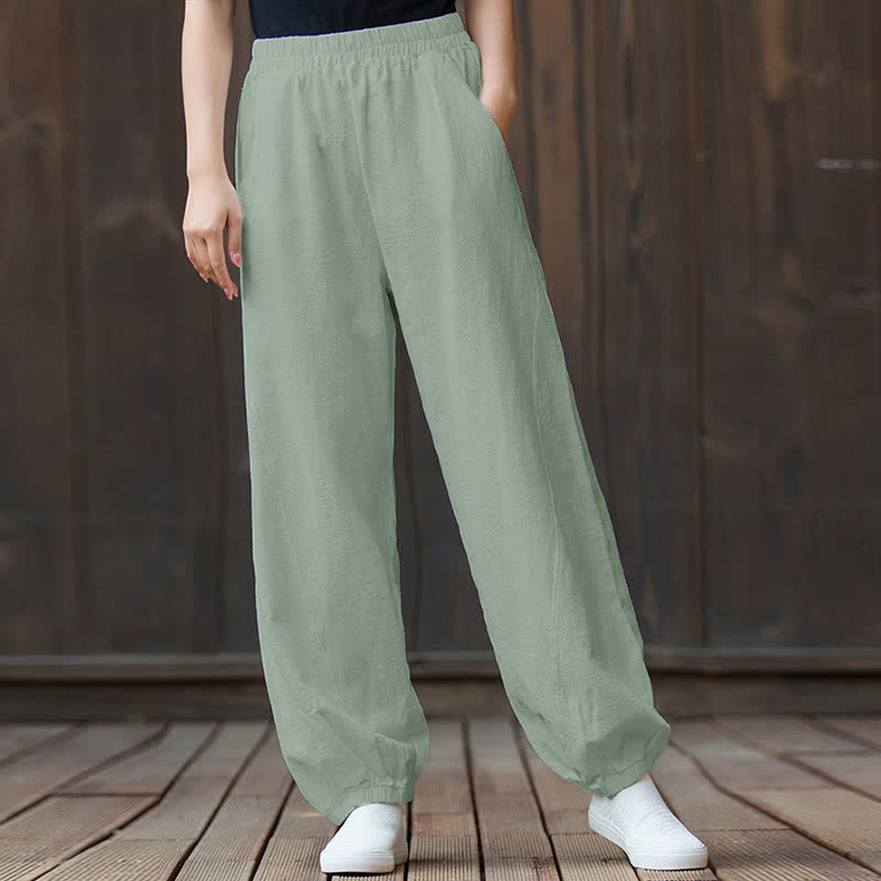 Pantalones de mujer de lino, ramio y algodón lisos con estampado de Buddha Stones y bolsillos. - image 69