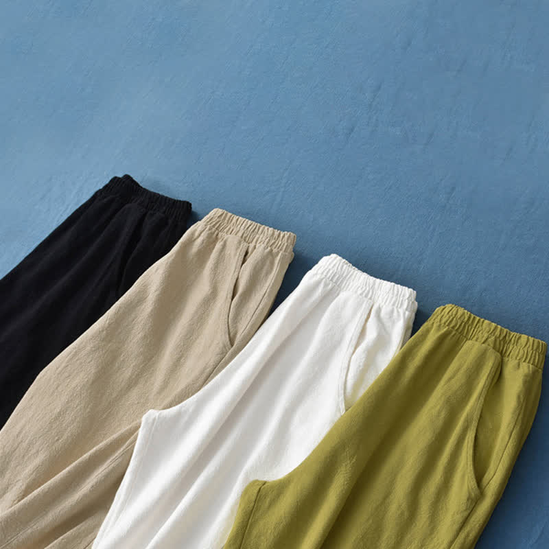 Pantalones de mujer de lino, ramio y algodón lisos con estampado de Buddha Stones y bolsillos. - image 46