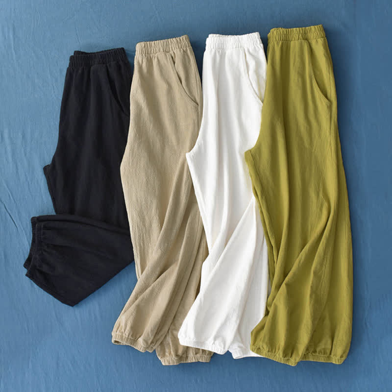Pantalones de mujer de lino, ramio y algodón lisos con estampado de Buddha Stones y bolsillos. - image 1