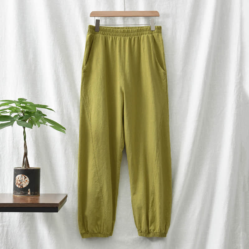 Pantalones de mujer de lino, ramio y algodón lisos con estampado de Buddha Stones y bolsillos. - image 27
