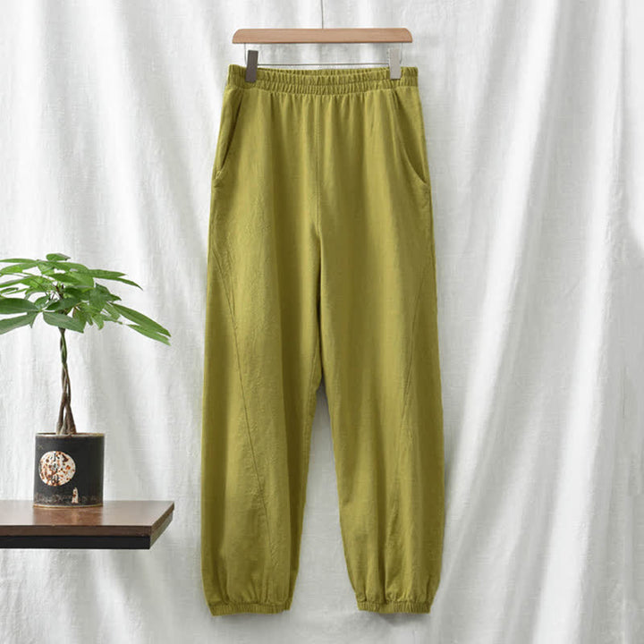 Pantalones de mujer de lino, ramio y algodón lisos con estampado de Buddha Stones y bolsillos. - image 27