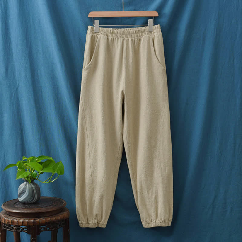 Pantalones de mujer de lino, ramio y algodón lisos con estampado de Buddha Stones y bolsillos. - image 18