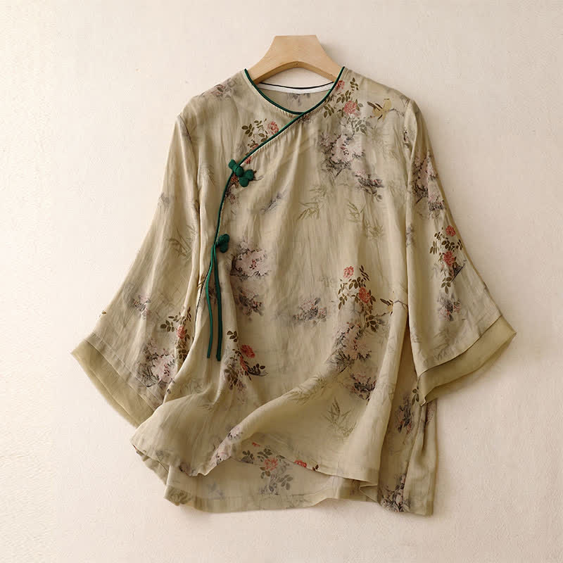 Buddha Stones Camisas de manga larga para mujer con estampado floral y botones de rana, estilo vintage, para primavera y verano. - Broncearse - US8-10, UK/AU12-14, EU40-42 (2XL) - image 0
