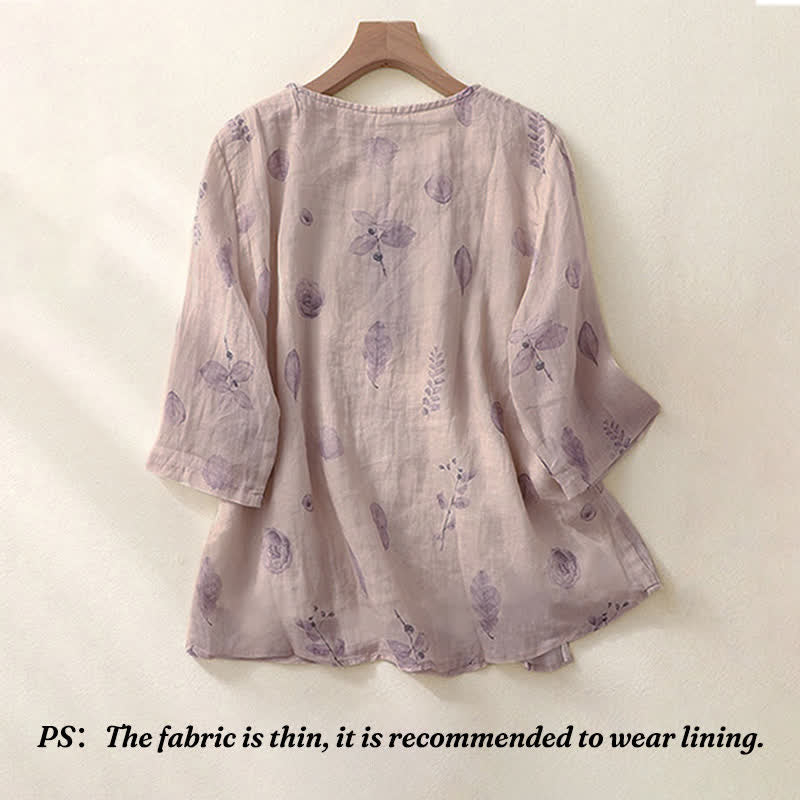 Camisa de lino y algodón para mujer, manga tres cuartos, con diseño bordado de Buddha Stones - image 1