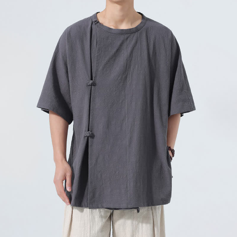 Buddha Stones Camisas de manga corta de algodón liso para hombre, estilo minimalista con botones de rana, estilo Summer Tang. - Gris oscuro - US/UK/AU46, EU56 (5XL) - image 0