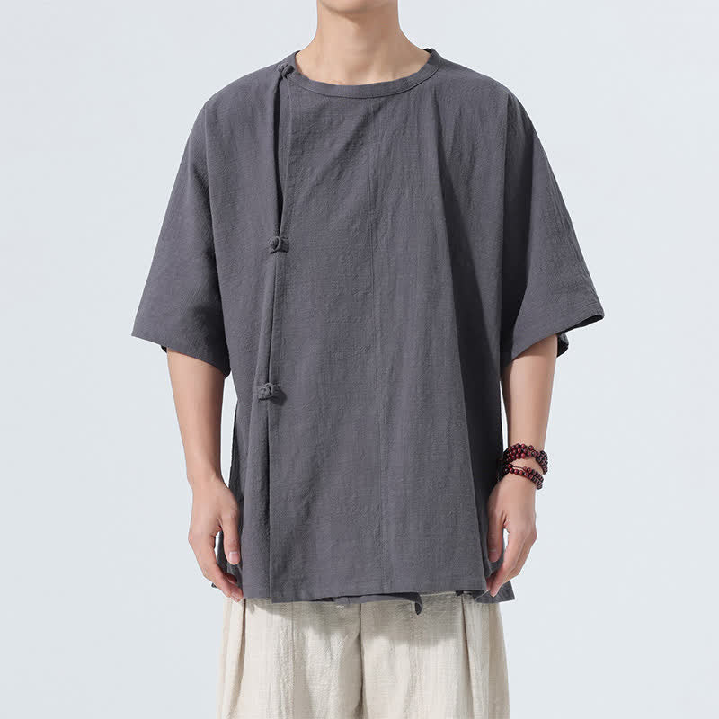 Buddha Stones Camisas de manga corta de algodón liso para hombre, estilo minimalista con botones de rana, estilo Summer Tang. - image 1