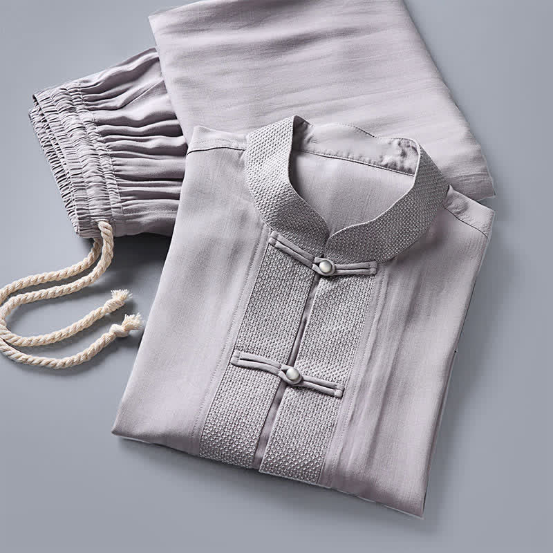 Buddha Stones Conjunto de 2 piezas: Camisa de manga larga y pantalón estilo Spring Tang con cuello mandarín y botones de rana, color liso, para hombre, ideal para meditación, con bolsillos. - image 11